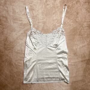 Vintage 90s Vassarette Satin Lace Cami Tank Top Sheer Floral Coquette Romantic